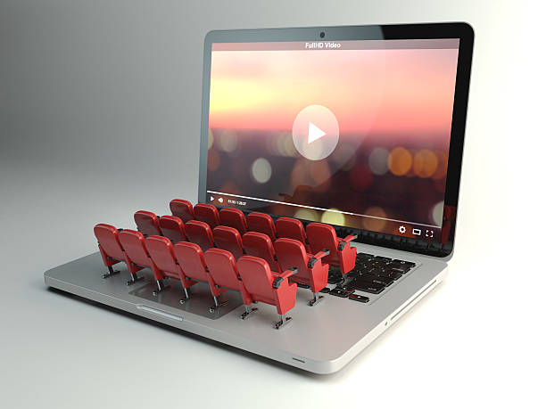 Video player app or home cinema concept. Laptop and seats Video player app  or home cinema concept. Laptop and rows of cinema seats, 3d illustration premiere stock pictures, royalty-free photos & images