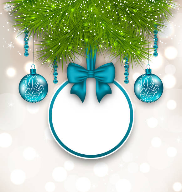 ガラスクリスマスボールのギフトカード - twig pine tree ribbon decoration点のイラスト素材／クリップアート素材／マンガ素材／アイコン素材