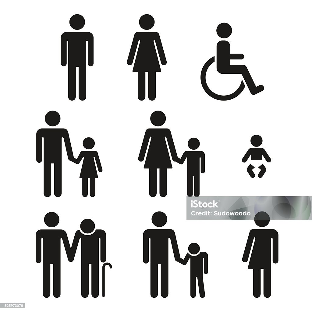 Bathroom symbols people icons Bathroom or hospital people icons. Men, women, unisex. Dads with daughters and mothers with sons. Disabled seniors and children requiring assistance. Baby changing room. Icon Symbol stock vector