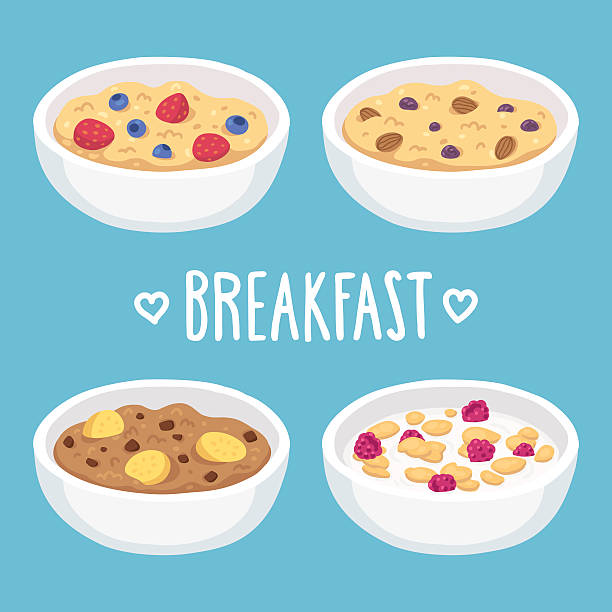 frühstück müslischüsseln - oatmeal porridge oat raisin stock-grafiken, -clipart, -cartoons und -symbole