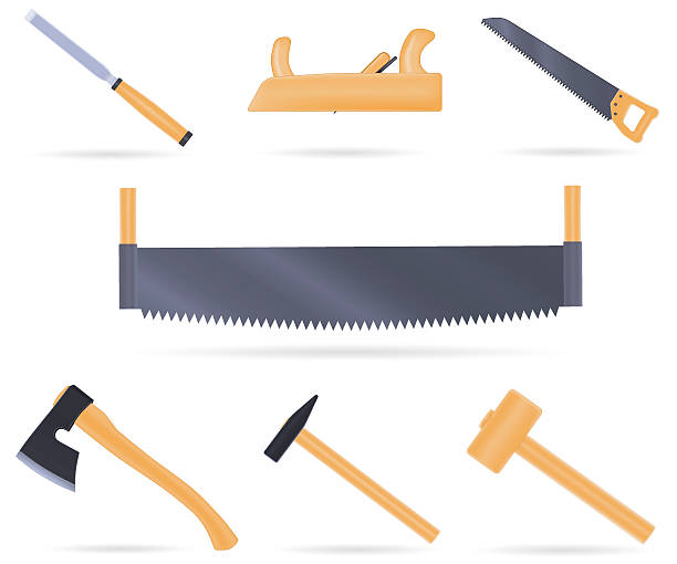 ilustraciones, imágenes clip art, dibujos animados e iconos de stock de juego de herramientas de diseño tradicional de carpintero - work tool chisel wood mallet