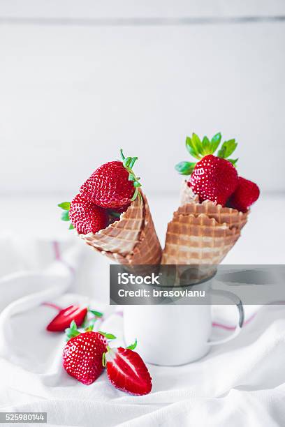 Strawberries In Waffle Cones Stock Photo - Download Image Now - Close-up, Cooking, Cute