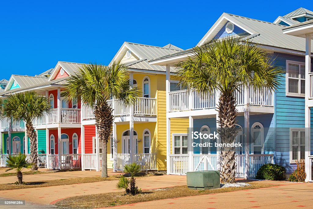 Colorful Houses in Panama City Beach Florida USA Photo of colorful homes along the beach in Panama City Beach, Florida, USA on a clear blue sky day. Florida - US State Stock Photo