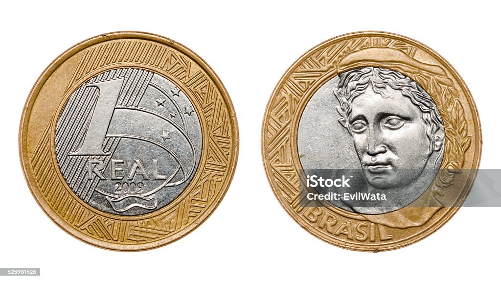 One real coin front and back faces One brazilian real coin isolated on white background with clipping path Brazilian Currency Stock Photo