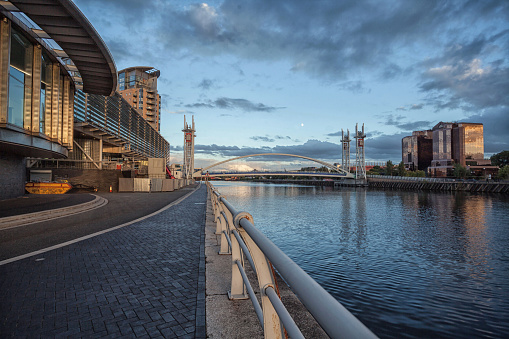 Evening View Along Salford Quays. Ambient Evening Light.At Manchester's Salford Quays.