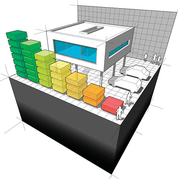 ilustrações de stock, clip art, desenhos animados e ícones de diagrama de um moderno casa com classificação energética diagrama de barras - functionalistic architecture flat roof built structure house