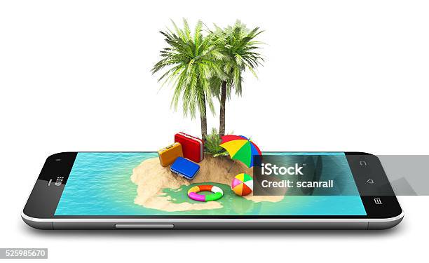 Tropical Island Resort On Smartphone Screen Stock Photo - Download Image Now - Mobile Phone, Beach, Portable Information Device