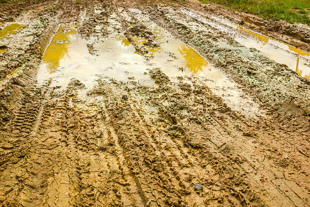 istock Wheel tracks on red color marshy road after raining 525986217