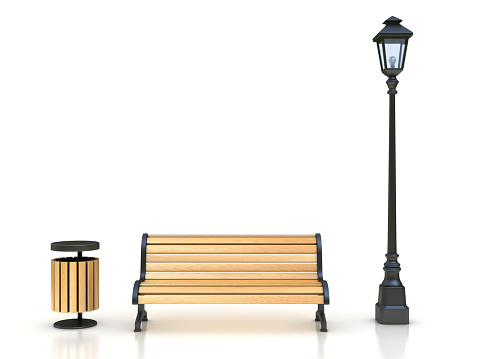 park bench, street lamp and trash can 3d illustration