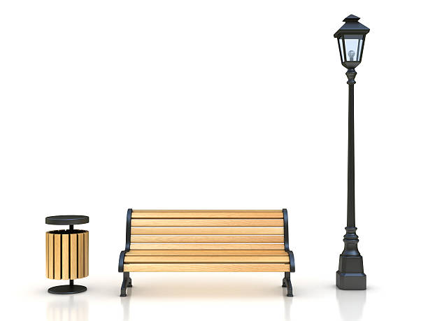 park bench, street lamp and trash can 3d illustration stock photo