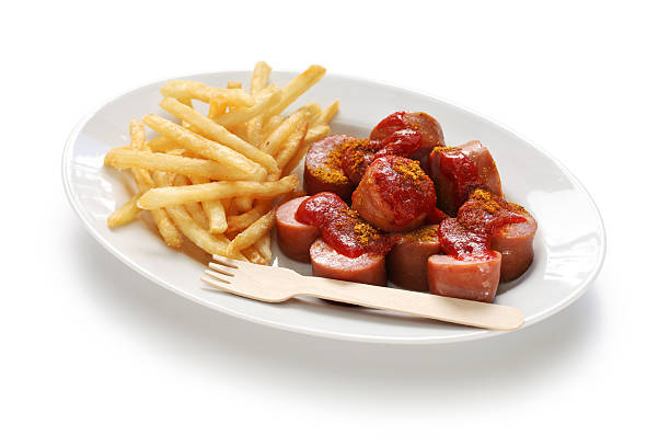 currywurst, curry-wurst, deutsche küche - currywurst stock-fotos und bilder