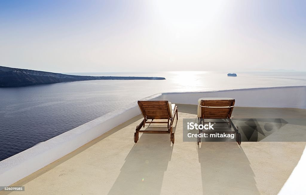 Idyllic terrace in Oia, Santorini, Greece Aegean Sea Stock Photo