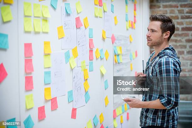 Creative Business Man Stock Photo - Download Image Now - Adhesive Note, Chalkboard - Visual Aid, Brainstorming