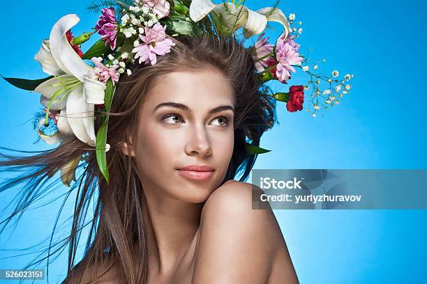 Beautiful Woman With Flower Wreath Space For Text Stock Photo - Download Image Now