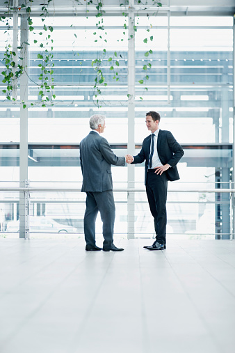Shot of two well-dressed businessmen shaking hands in the office