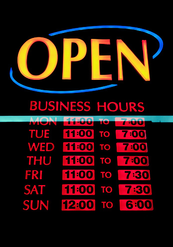 OPEN. Business hours Sign. Vertical.