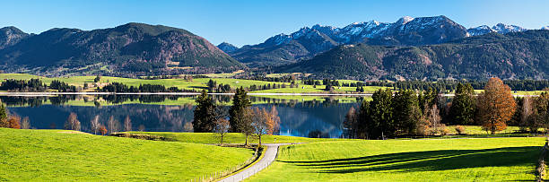 Autumn Landscape with Lake, Alps in Background, Germany panorama of Allgau Alps, Forggensee, Germany forggensee lake photos stock pictures, royalty-free photos & images