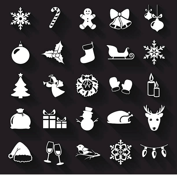Christmas and New Year flat icons. Vector illustration. Christmas and New Year flat icons isolated on a dark background. Set of 25 white symbols with long shadows. Collection of silhouette elements for your design. Vector illustration. goose meat illustrations stock illustrations