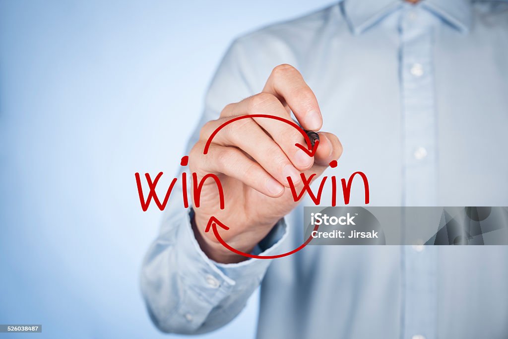 Win win strategy Win-win partnership strategy concept. Businessman draw win-win scheme. Adult Stock Photo