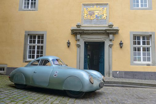 Jüchen, Germany - August 1, 2014: 1939 Porsche 64 Prototype car. The car is on display during the 2014 Classic Days event at Schloss Dyck.