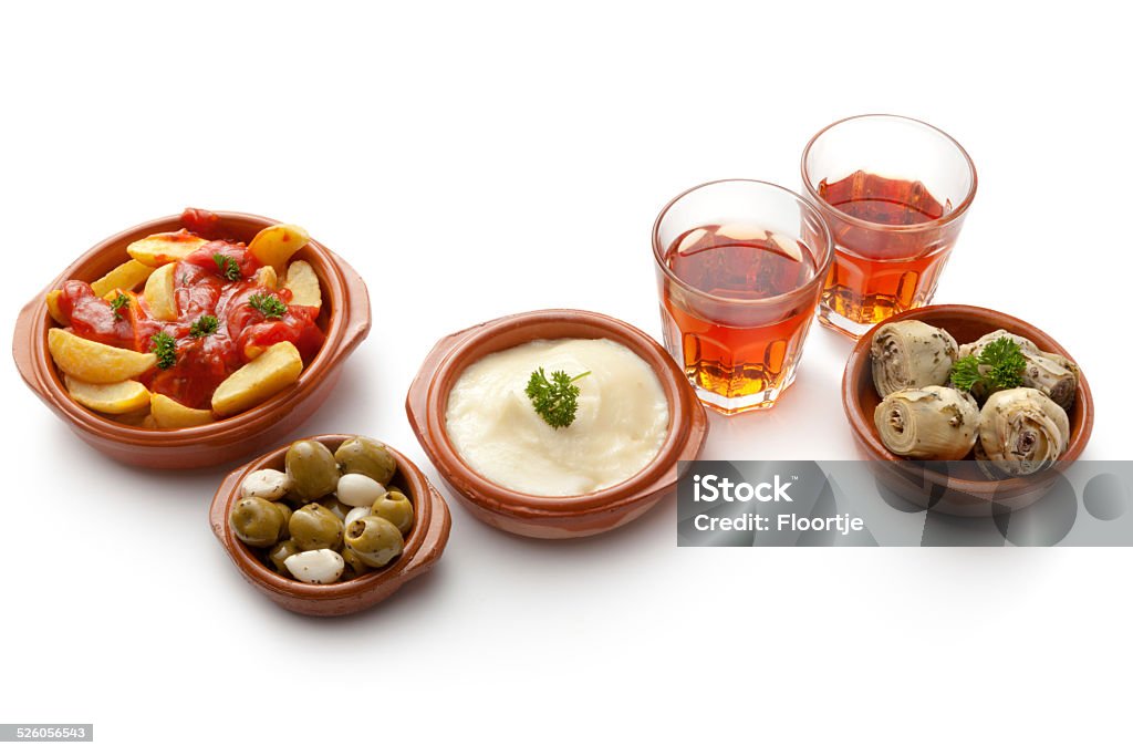 Tapas: Olives, Aioli, Patatas Bravas and Artichoke Tapas: Olives, Aiolli, Patatas Bravas and Artichoke Aioli Stock Photo