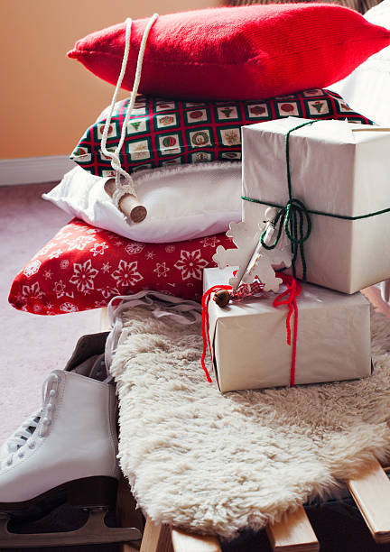 istock Christmas decoration with pillows and gift boxes 526056775