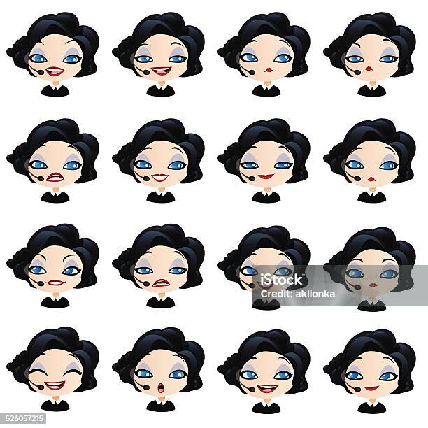 Female Avatar Manager With Headset Set Of Expressions Stock Illustration - Download Image Now