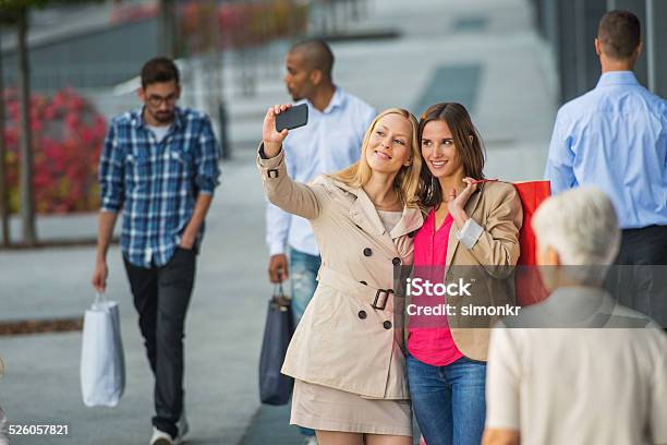 Mother And Daughter Taking Selfie In The City Stock Photo - Download Image Now - 18-19 Years, Adult, Bag