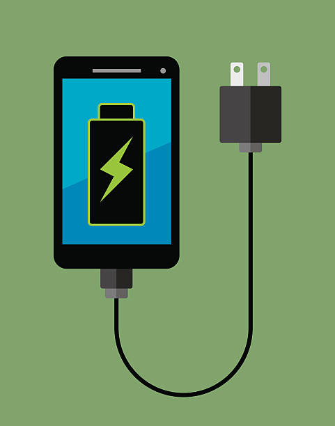Smartphone Full Battery Vector illustration of a smartphone attached to a plug with a fully charged battery in flat style. two pin plug stock illustrations