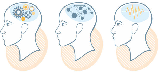 Silhouette of head, brain, and pulses Process of human thinking. Set of silhouette of head, and brain. The concept of intelligence question mark people one person silhouette stock illustrations