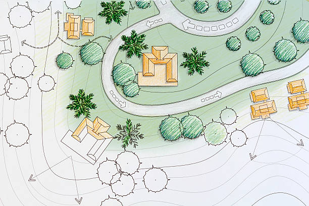 illustrazioni stock, clip art, cartoni animati e icone di tendenza di panorama di architetto progettazione piano di analisi del sito - giardino