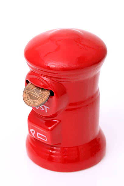 Red post money box with Japanese coin on white background