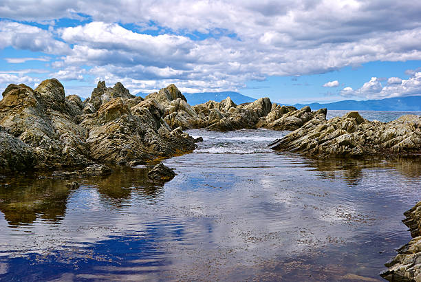 Rocky coastline, stones front rising from the sea, tidal pool among rocks, clear cloudy blue sky. Volcanic rocky formation. basalt lava column, giants causeway, Stolbchaty Cape; Kunashir island in Kuril islands chain