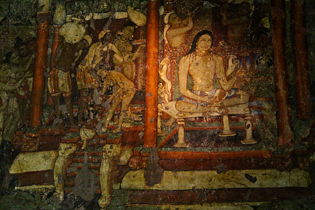 Mural Painting in Ajanta Cave - Jataka Tales India, Maharashtra State, Aurangabad District , Soyagon Taluka, Lenapur Village (N20 33 11.988 E75 42 0) - Ajanta Cave (19th Nov 2011): This is one of the rarest mural painting that preserved well in Ajanta Cave Complex. This is Gupta Period mural painting painted by Buddhist monks showing different aspects of life of Buddha (Jataka Tales). One aspect is redemption for everyone. ajanta caves stock pictures, royalty-free photos & images