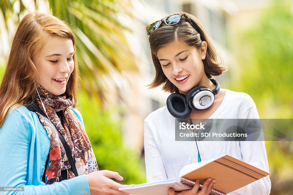 Young teen students comparing homework notes outside school 12-13 Years Stock Photo