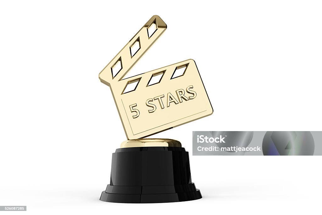 Film and cinema 5 stars trophy Gold movie film slate trophy with the word 5 stars on the front Achievement Stock Photo