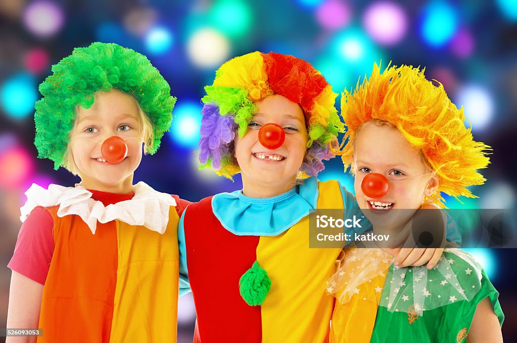 Funny clowns at the party Group of little clowns at the party Circus Stock Photo