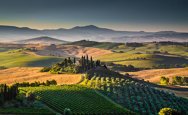 pintoresco paisaje de toscana al atardecer, val d'orcia, italia - residential structure summer season valley fotografías e imágenes de stock