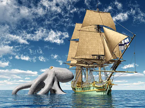 Computer generated 3D illustration with a 18th Century Corvette and a Giant Octopus