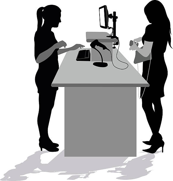 Checkout Computer Silhouette A vector silhouette illustration of a checkout counter where a young female costomer dressed fashionably takes money from her wallet to pay the young female cashier standing in front of her cash register. cashier stock illustrations