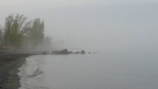 istock Foggy disappearing shoreline with small jetty 526125776