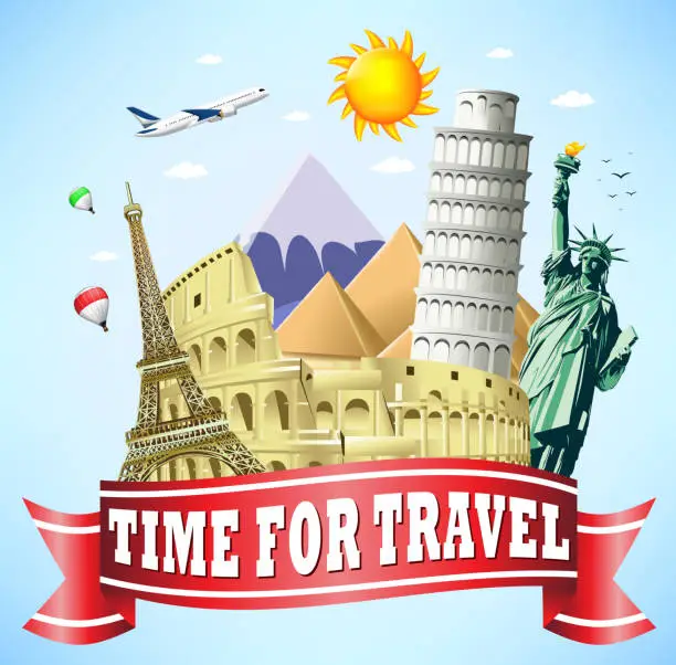 Vector illustration of Time to Travel Red Ribbon with Famous Landmarks