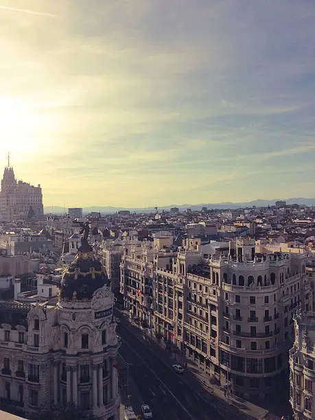 Metropolis building and skyview of Madrid