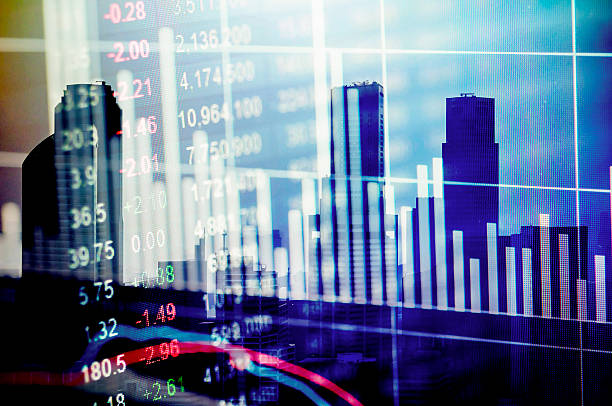 istock Modern city buildings with a stock exchange  background 526127168