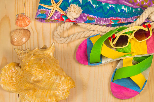 istock beach bag, flip flops, sunglasses,  on wooden background. Top view 526127762