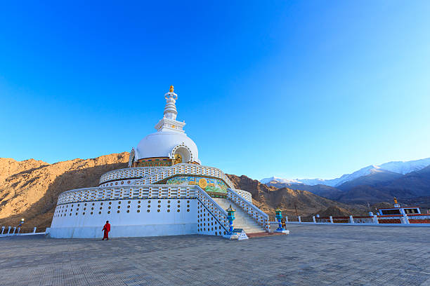 Shanti Stupa Leh Ladakh,Jammu, Kashmir, Tibet, India Shanti Stupa of Ladakh is located on the hilltop at Changspa, at a height of 4,267 metres (13,999 ft), and is located 5 kilometres (3.1 mi) from Leh. It was constructed by a Japanese Buddhist organization(The Japanese for World Peace). The aim behind the construction of the stupa was to commemorate 2500 years of Buddhism and to promote World Peace. His Holiness, the Dalai Lama inaugurated the Shanti Stupa in the year 1985. Leh Ladakh Jammu, Kashmir,Tibet, India leh city stock pictures, royalty-free photos & images