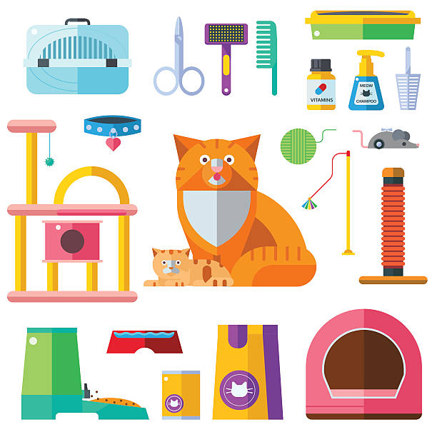 Cat accessory vector icons Colorful cat accessory and cute vector animal icons collection pet equipment elements. Cat food and Accessories isolated on white. Cat accessories and food, domestic feline cat accessories pet toy stock illustrations