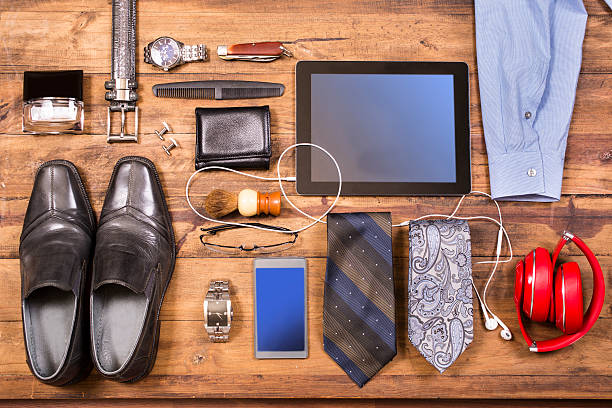 istock Men's accessories organized on table.  No people.  Knolling. 526131186