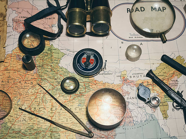 istock Ancient Map with Compass Binocular Magnifying glass World Travel 526131550