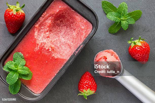 Homemade Strawberry Sorbet On A Gray Slate Top View Stock Photo - Download Image Now